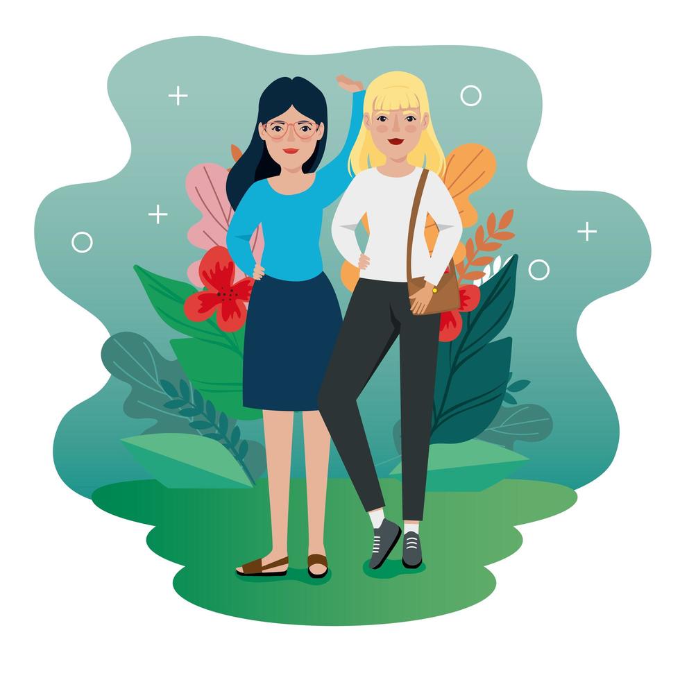 women standing with handbag and leafs tropicals vector
