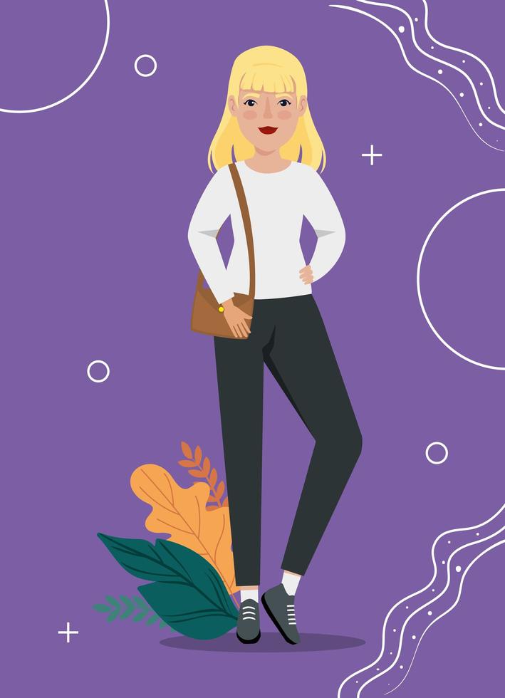 woman blonde hair standing with handbag and leafs tropicals vector