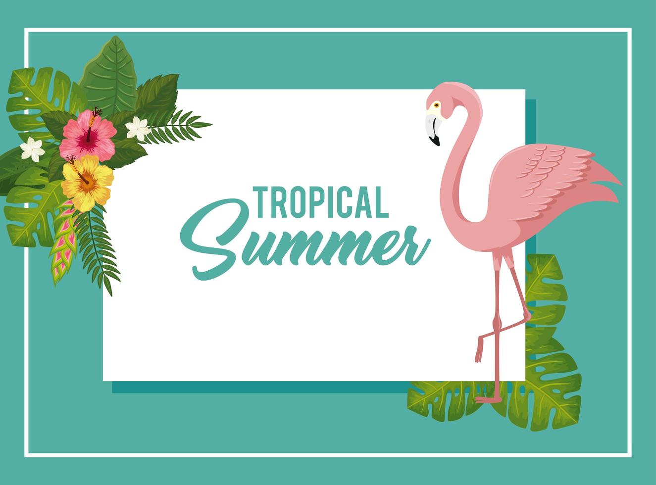 cartel de verano tropical con flamencos y flores. vector