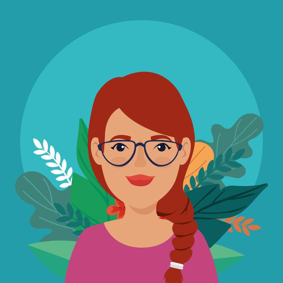 mujer pelirroja con anteojos y hojas tropicales vector