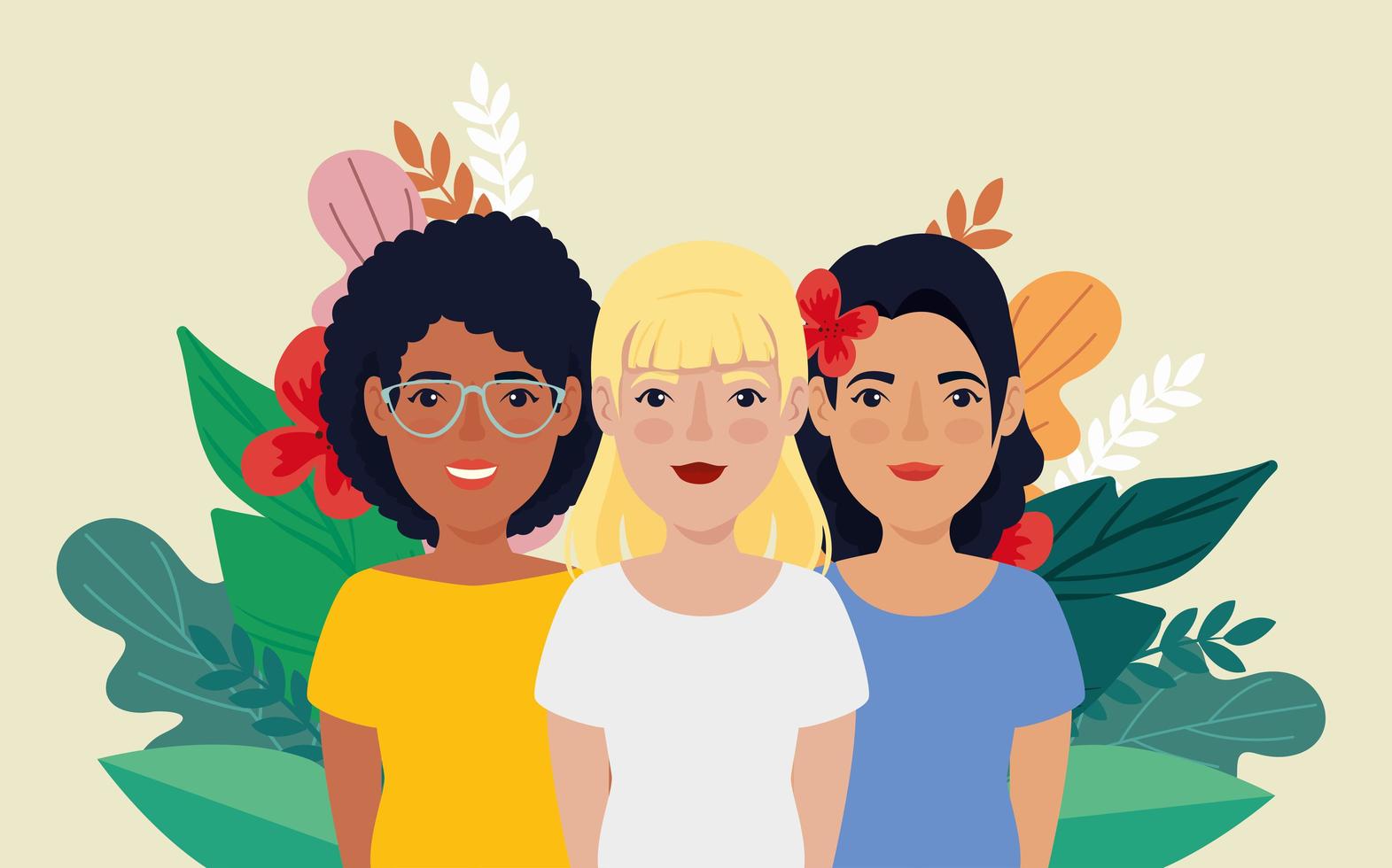 Grupo de mujeres con carácter de avatar de hojas tropicales. vector