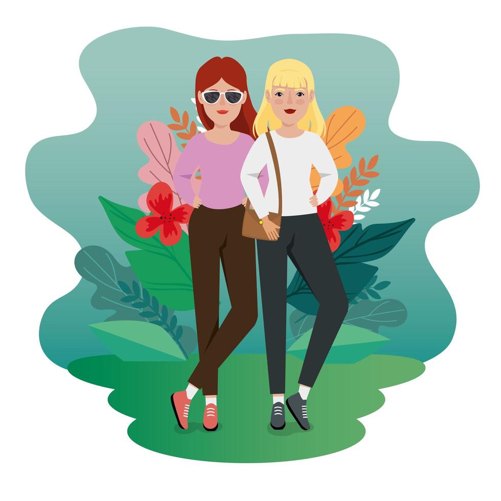 mujeres de pie con bolso y hojas tropicales. vector