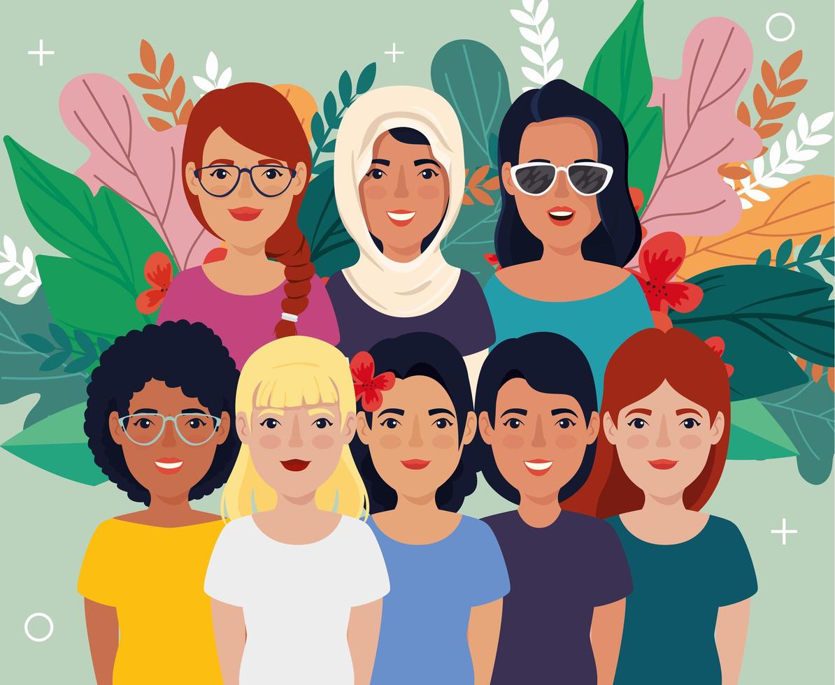 group of beautiful women with leafs tropicals vector