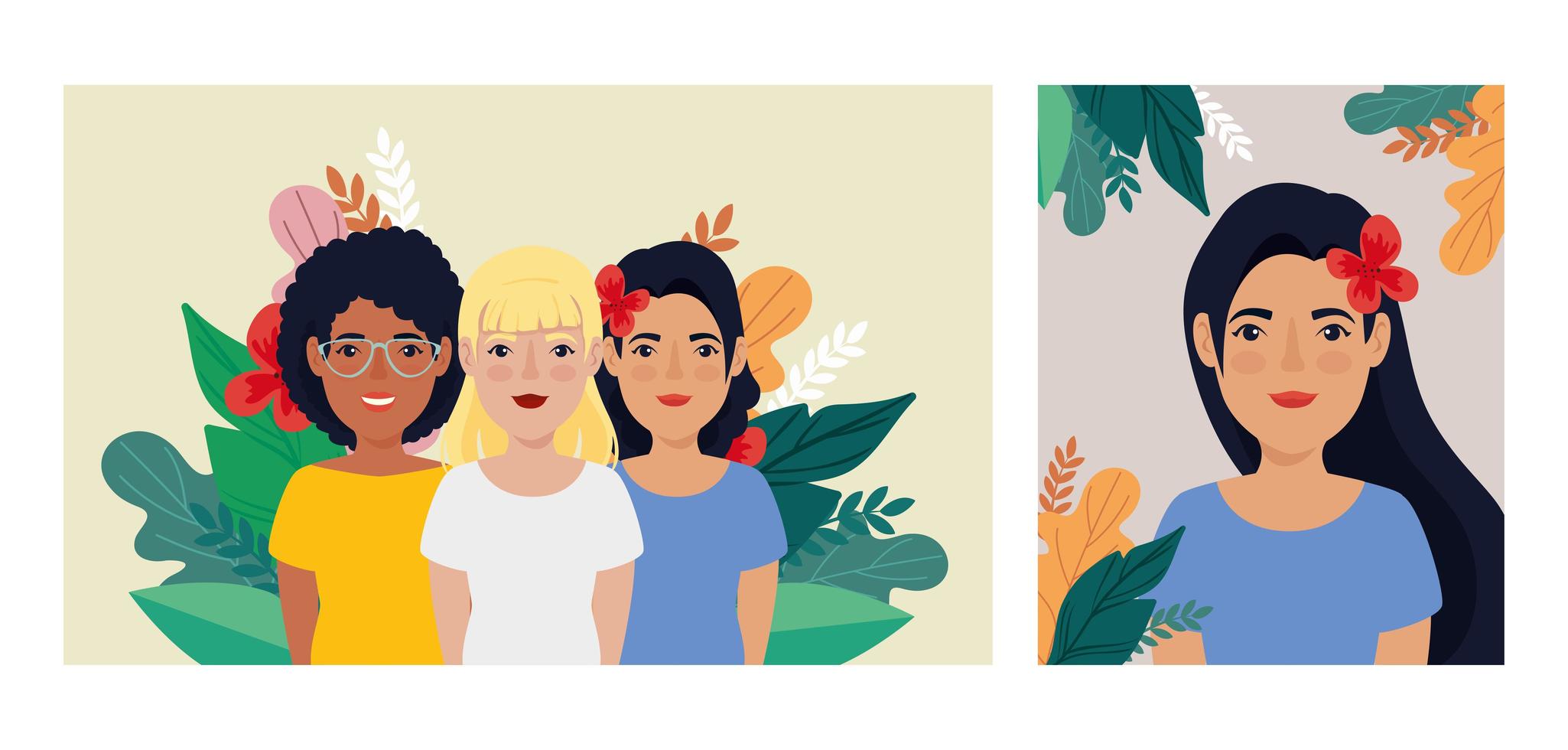 group of beautiful women with leafs tropicals vector