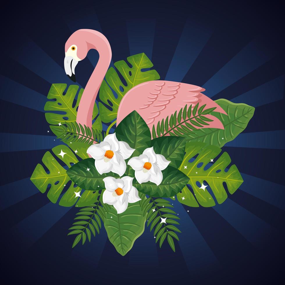 flamingo pink animal with leafs and flowers vector