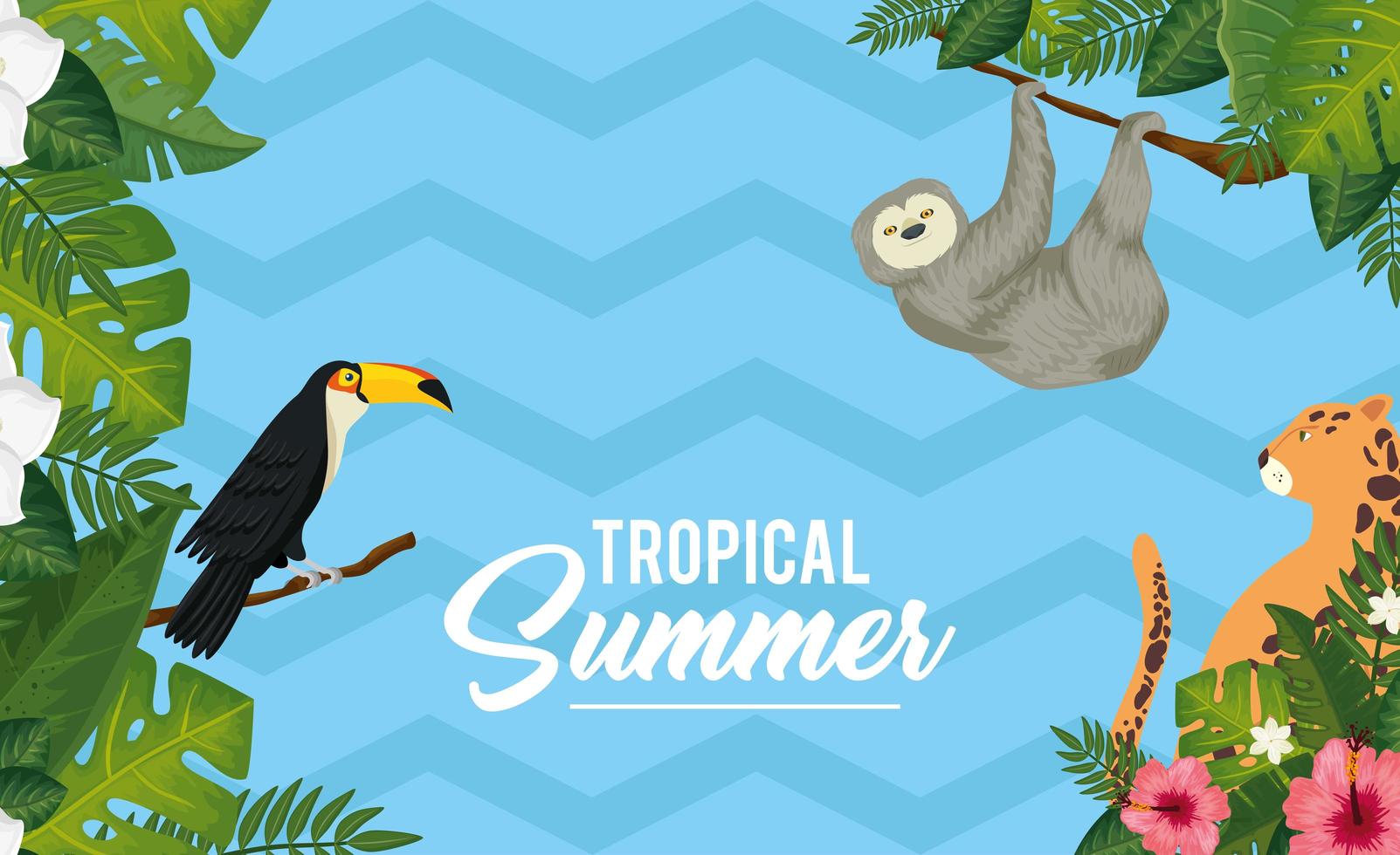 cartel de verano tropical con animales exóticos y hojas. vector