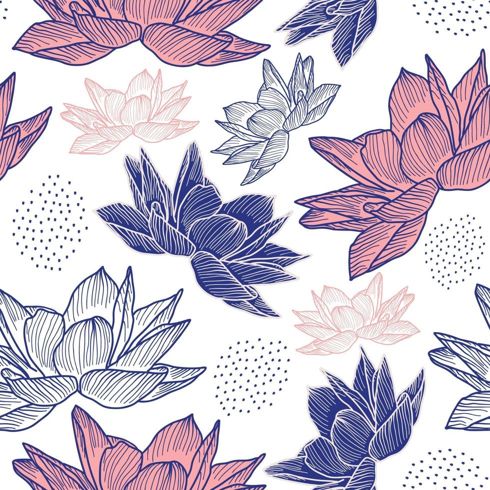 Hand drawn floral seamless pattern with lotus drawing vector