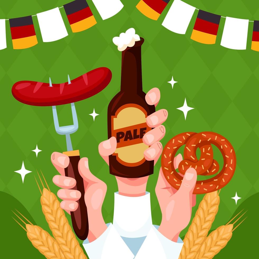 Oktoberfest Celebration with Beers Sausage and Pretzel vector