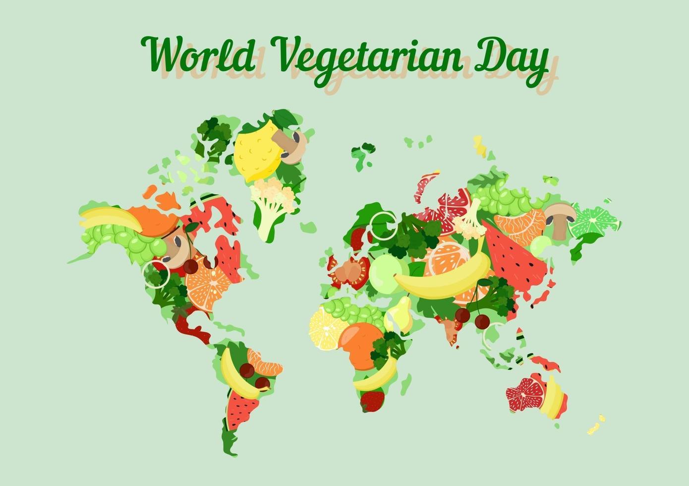 día mundial del vegetariano. 1 de octubre mapa del mundo con frutas y verduras. vector