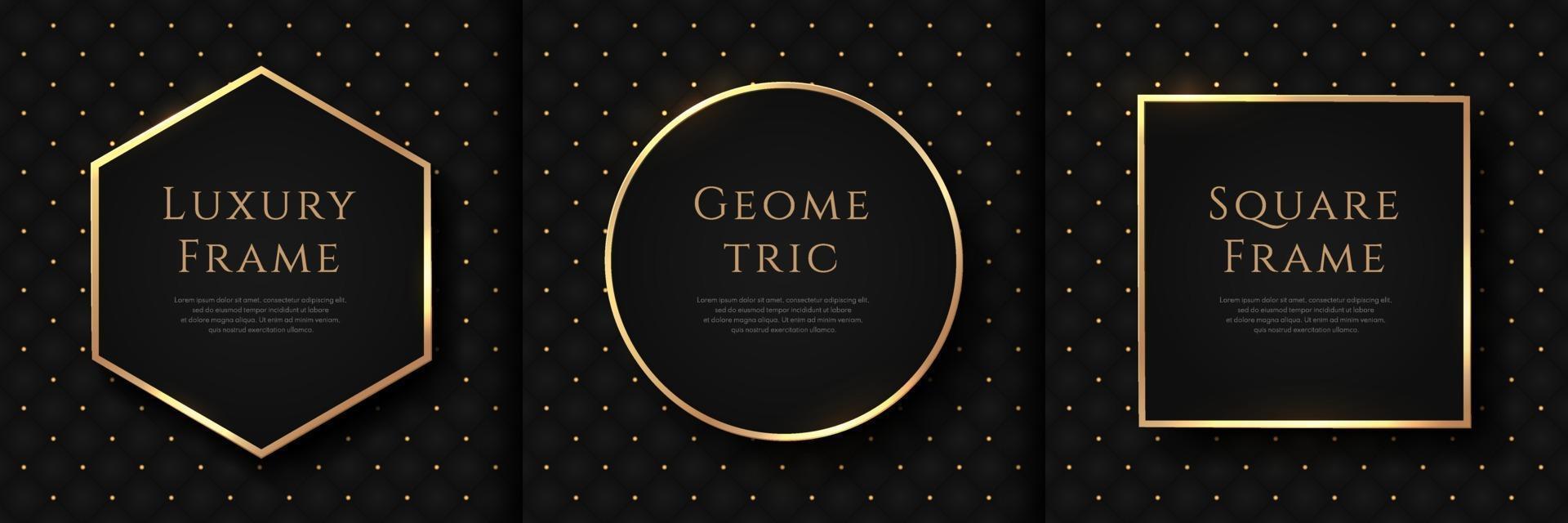 Set of abstract luxury black square pattern, gold dots with gold frame vector