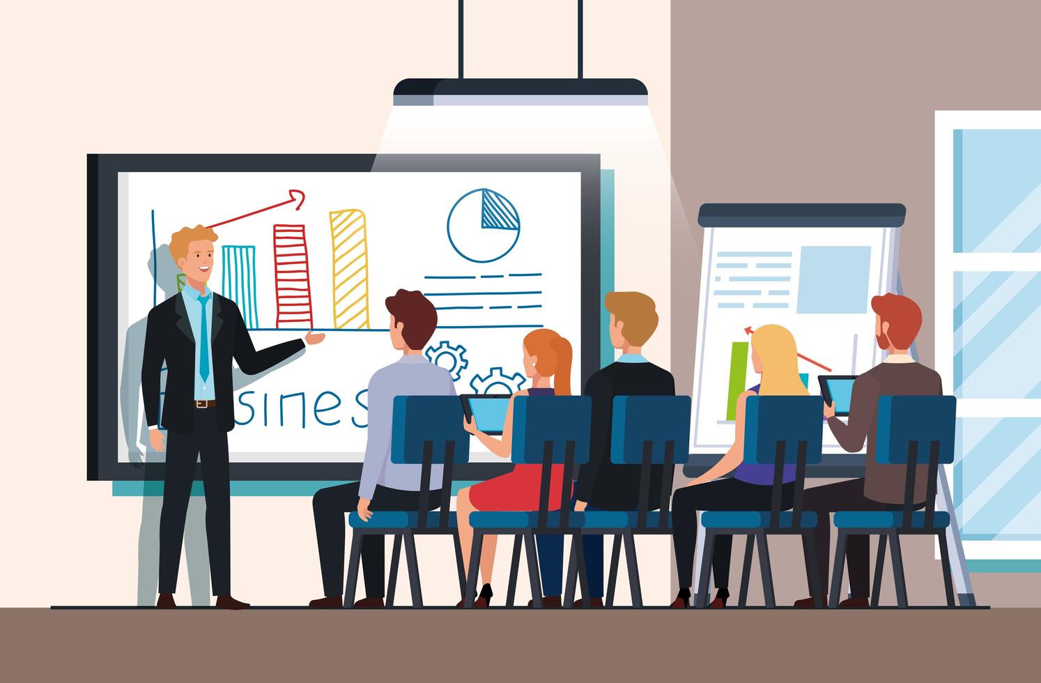 business people meeting with infographics presentation vector