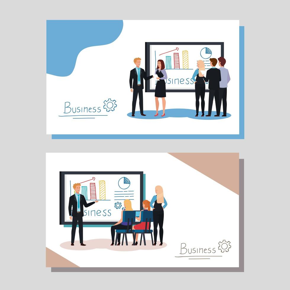 set of scenes business people meeting with infographics presentation vector