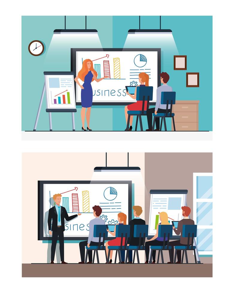 set of scenes business people meeting with infographics presentation vector