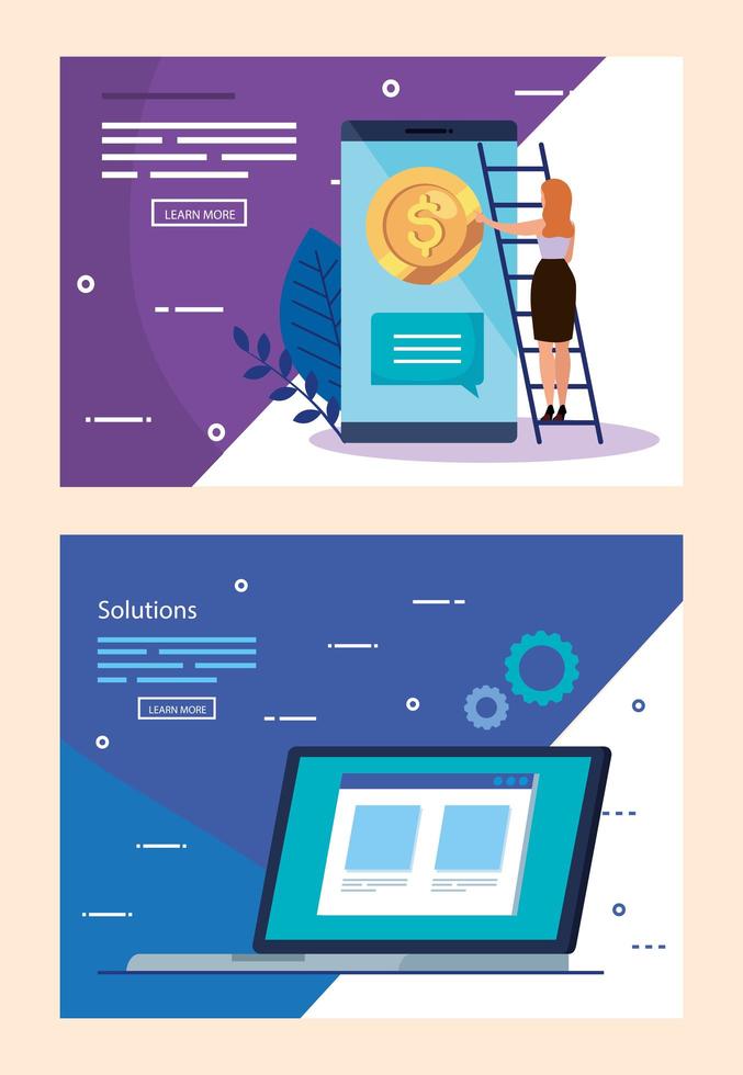 business woman and set icons scenes vector