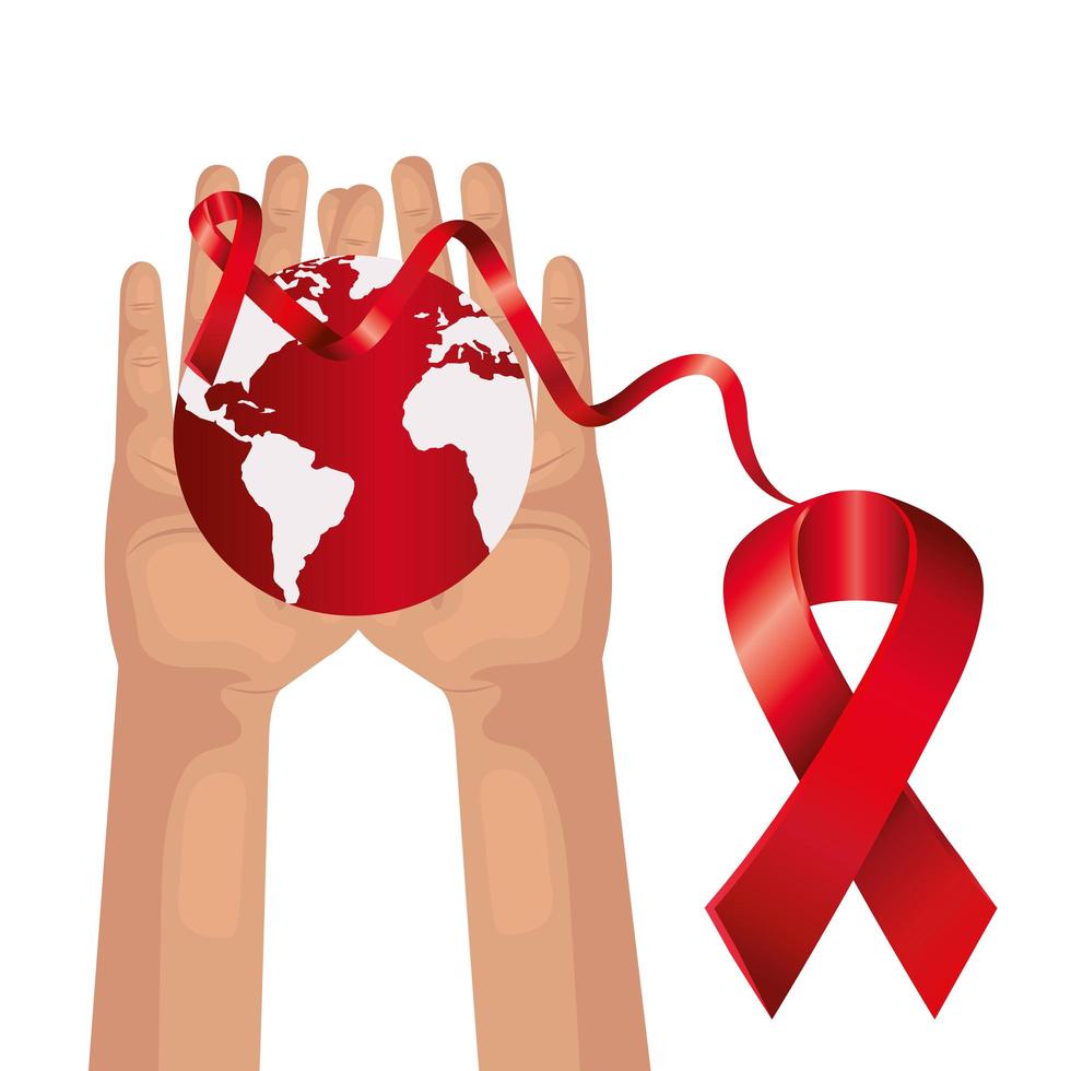 manos con cintas de concienciación del día del sida y planeta tierra vector