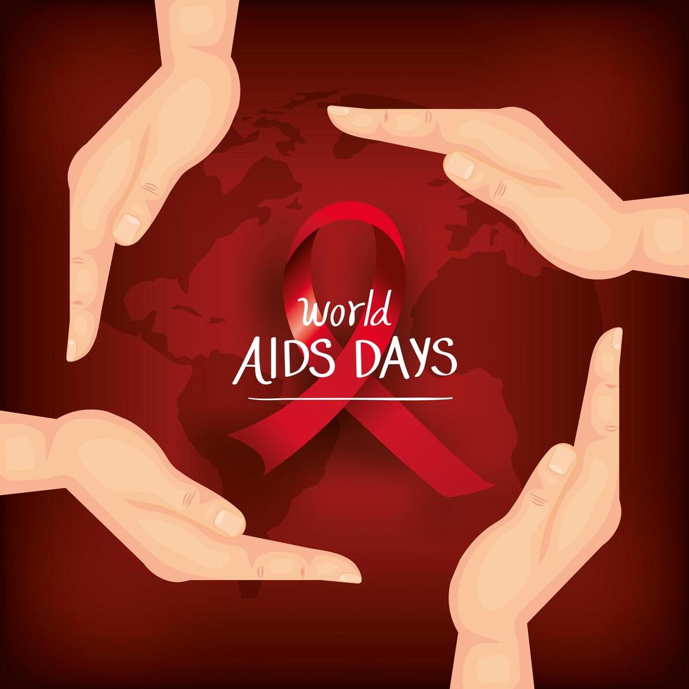 poster of world aids day with hands and ribbon vector