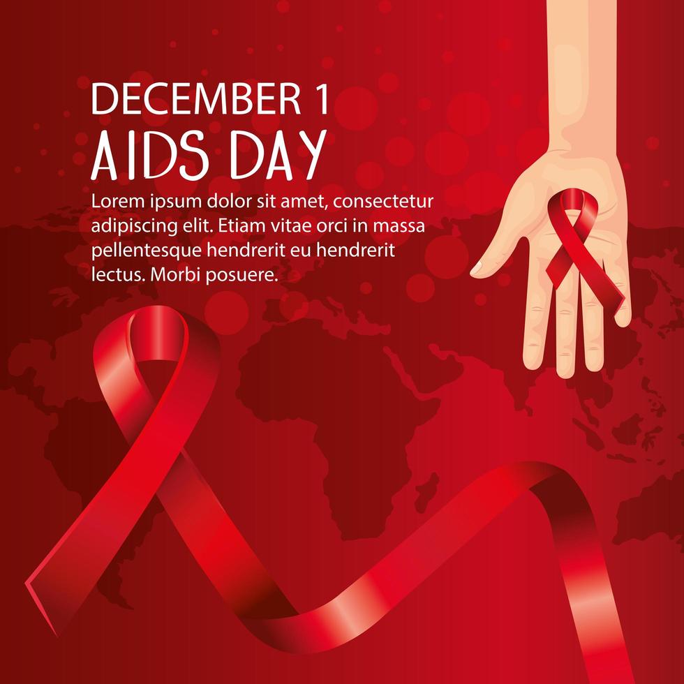 poster of world aids day with hand and ribbons vector