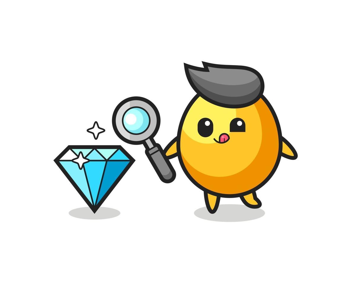 golden egg mascot is checking the authenticity of a diamond vector