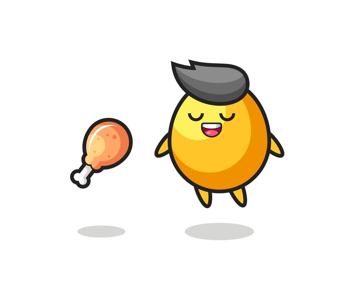 cute golden egg floating and tempted because of fried chicken vector