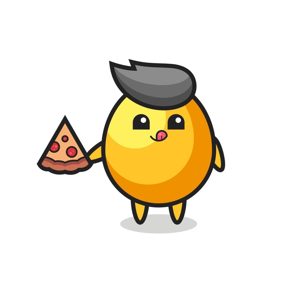 cute golden egg cartoon eating pizza vector
