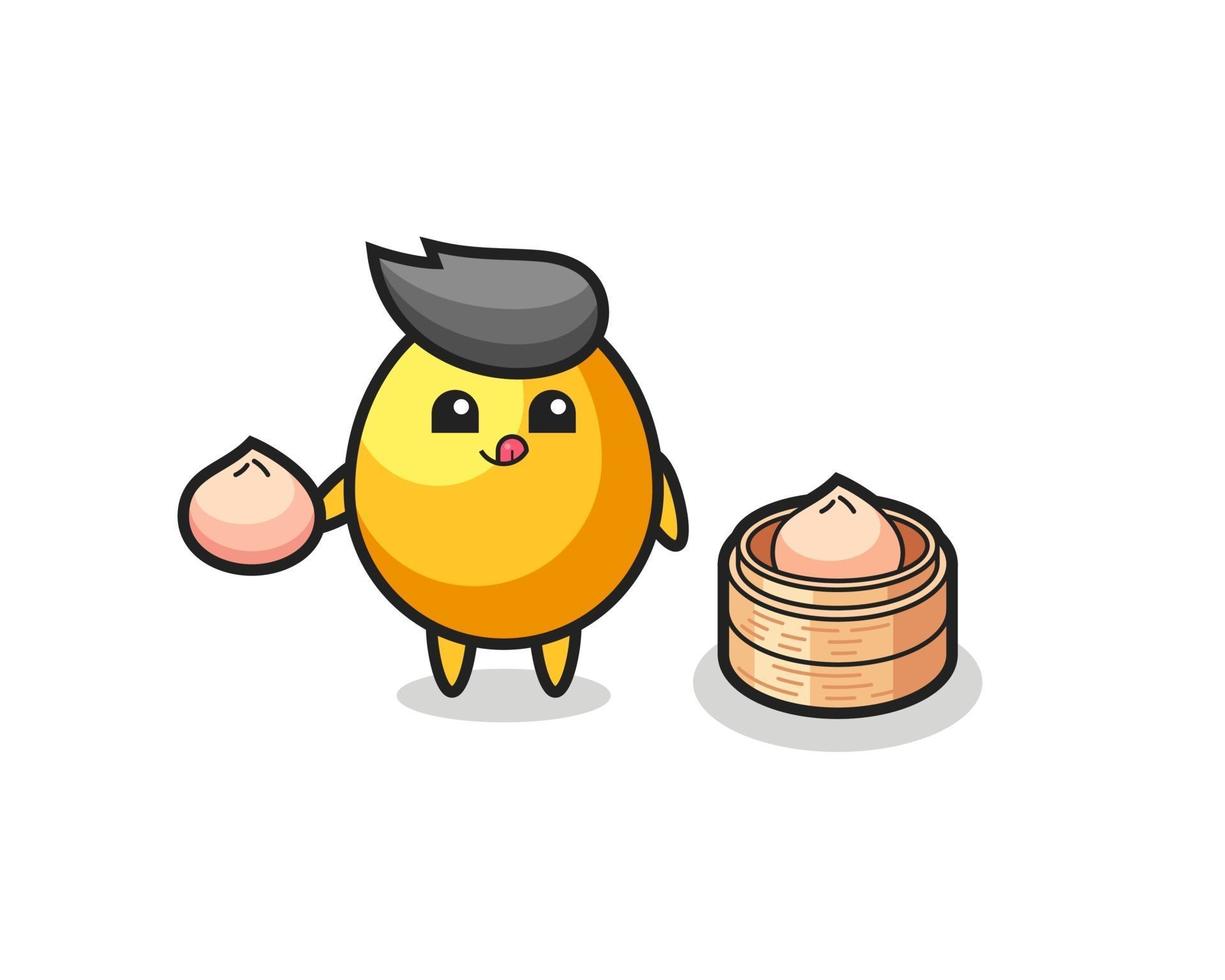 cute golden egg character eating steamed buns vector