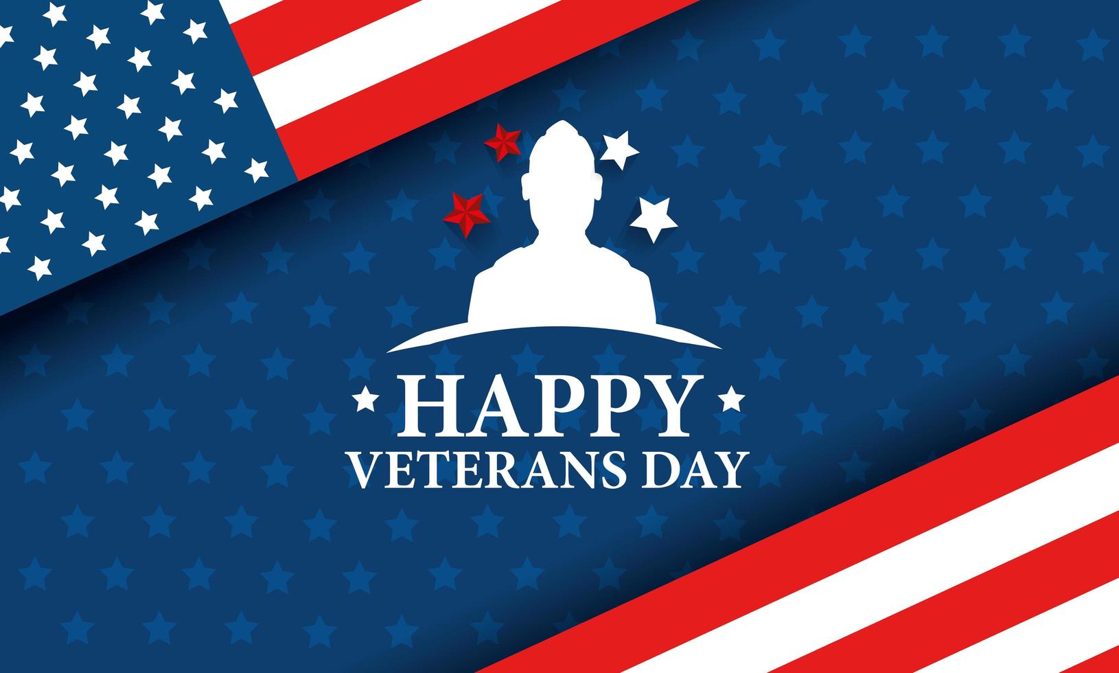 Feliz celebración del día de los veteranos con silueta militar y bandera vector