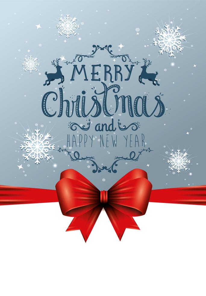 poster of merry christmas and happy new year with bow ribbon vector