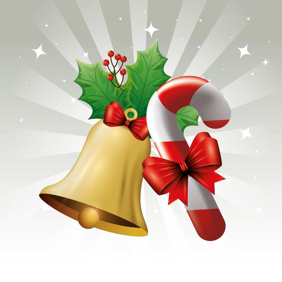 bell christmas and sweet cane with bow ribbon vector