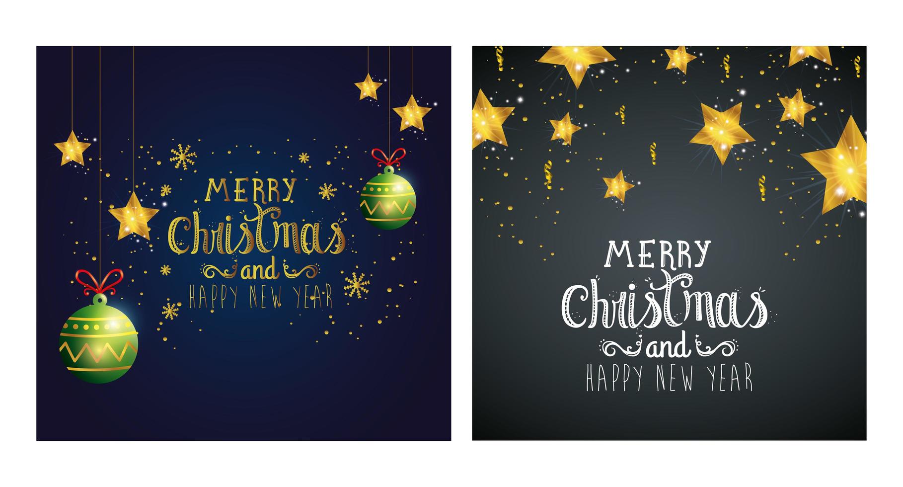 set poster of merry christmas and happy new year with decoration vector