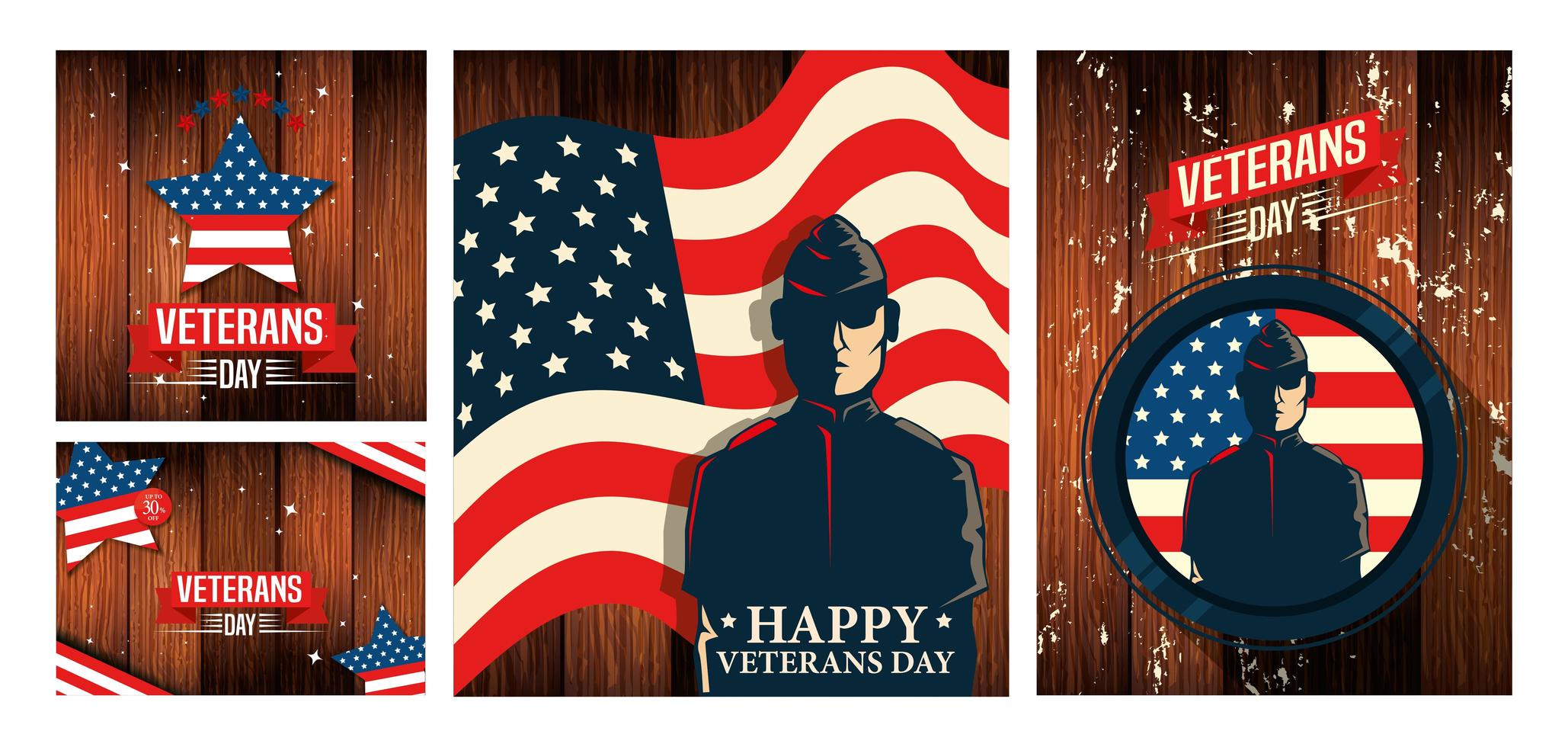 set of poster veterans day with decoration vector