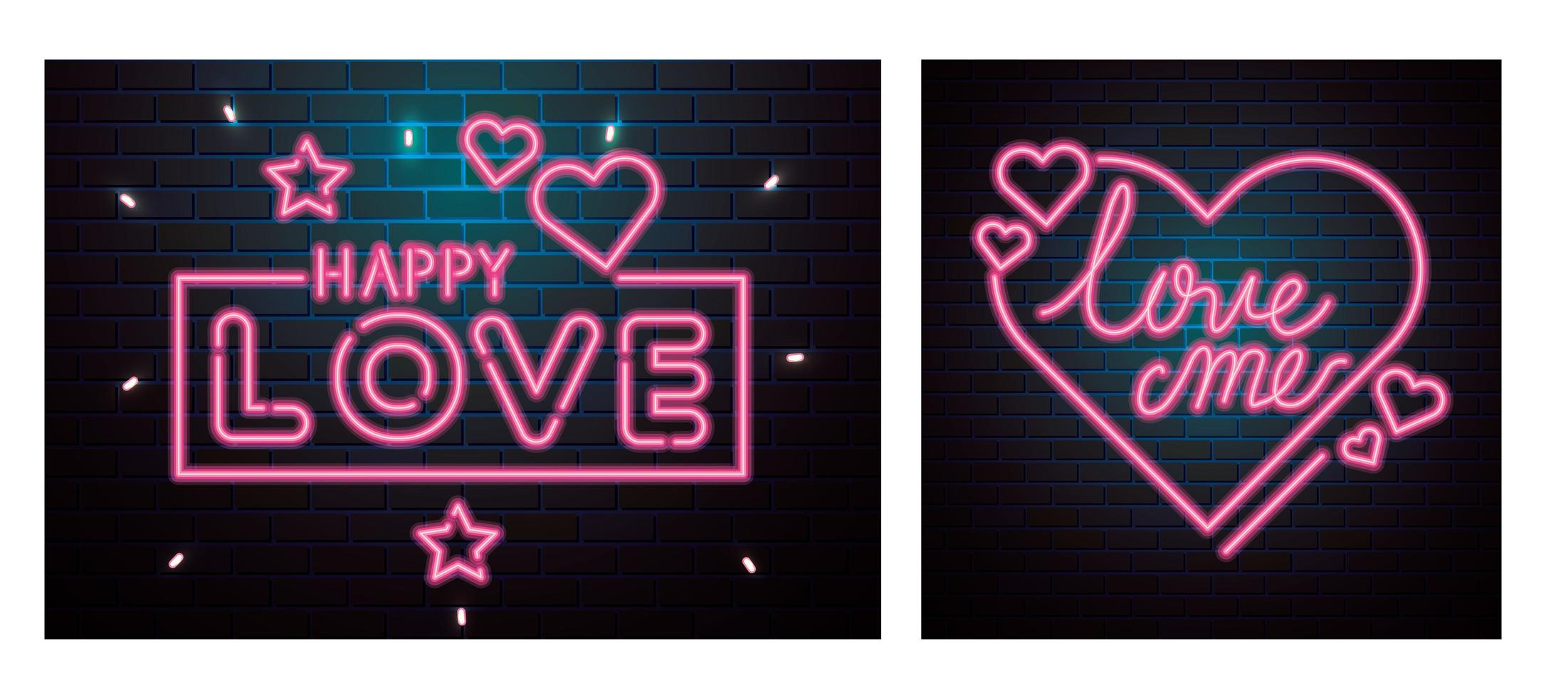 conjunto de letras de luz de neón para el día de san valentín vector