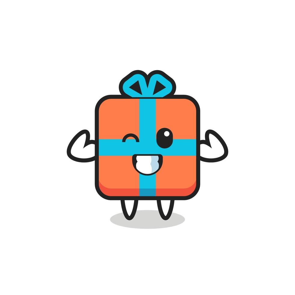 El personaje musculoso de la caja de regalo está posando mostrando sus músculos. vector