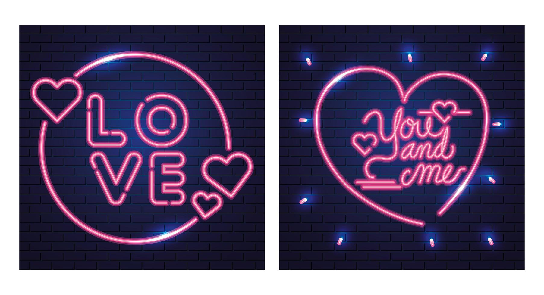 conjunto de letras de luz de neón para el día de san valentín vector