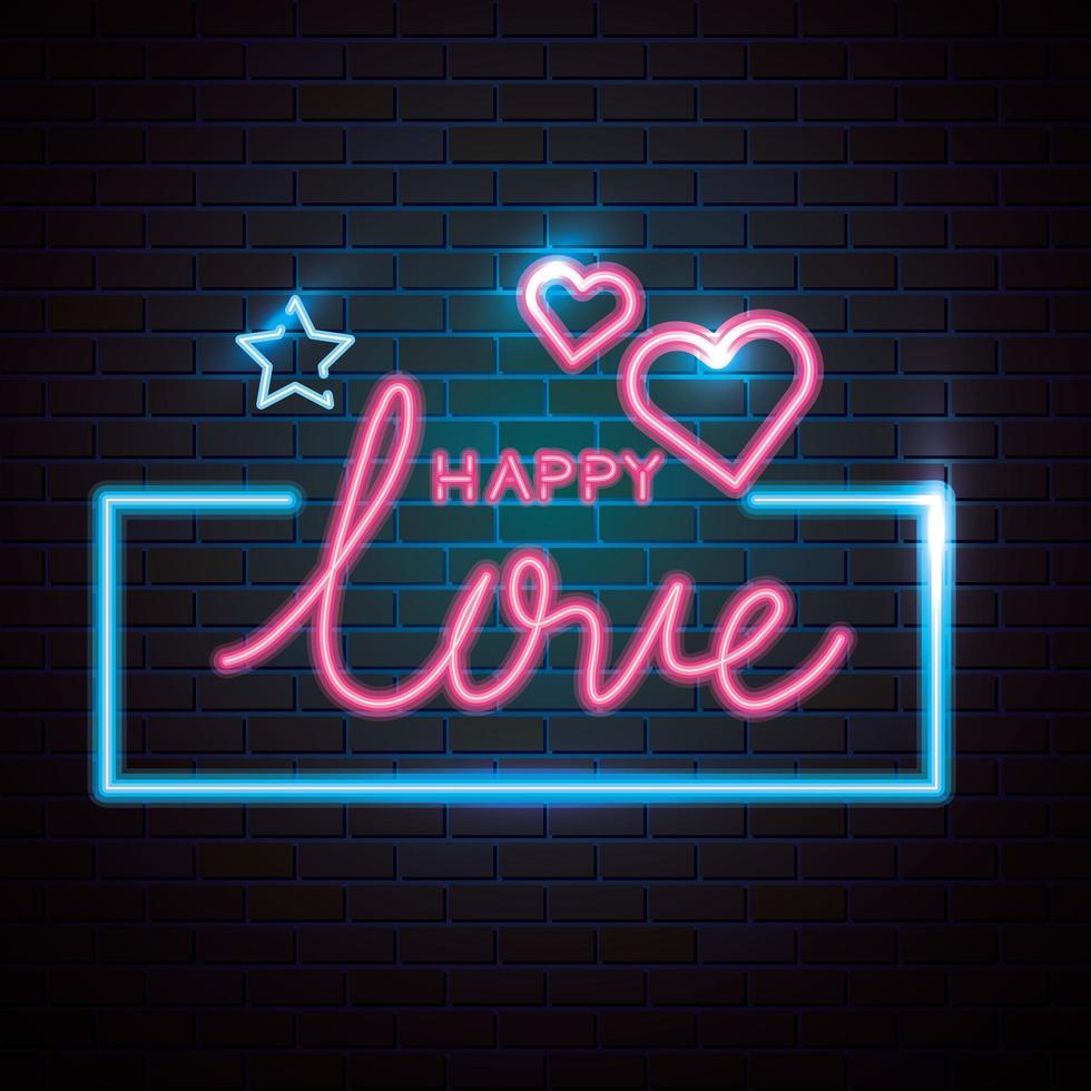 happy love lettering of neon light vector