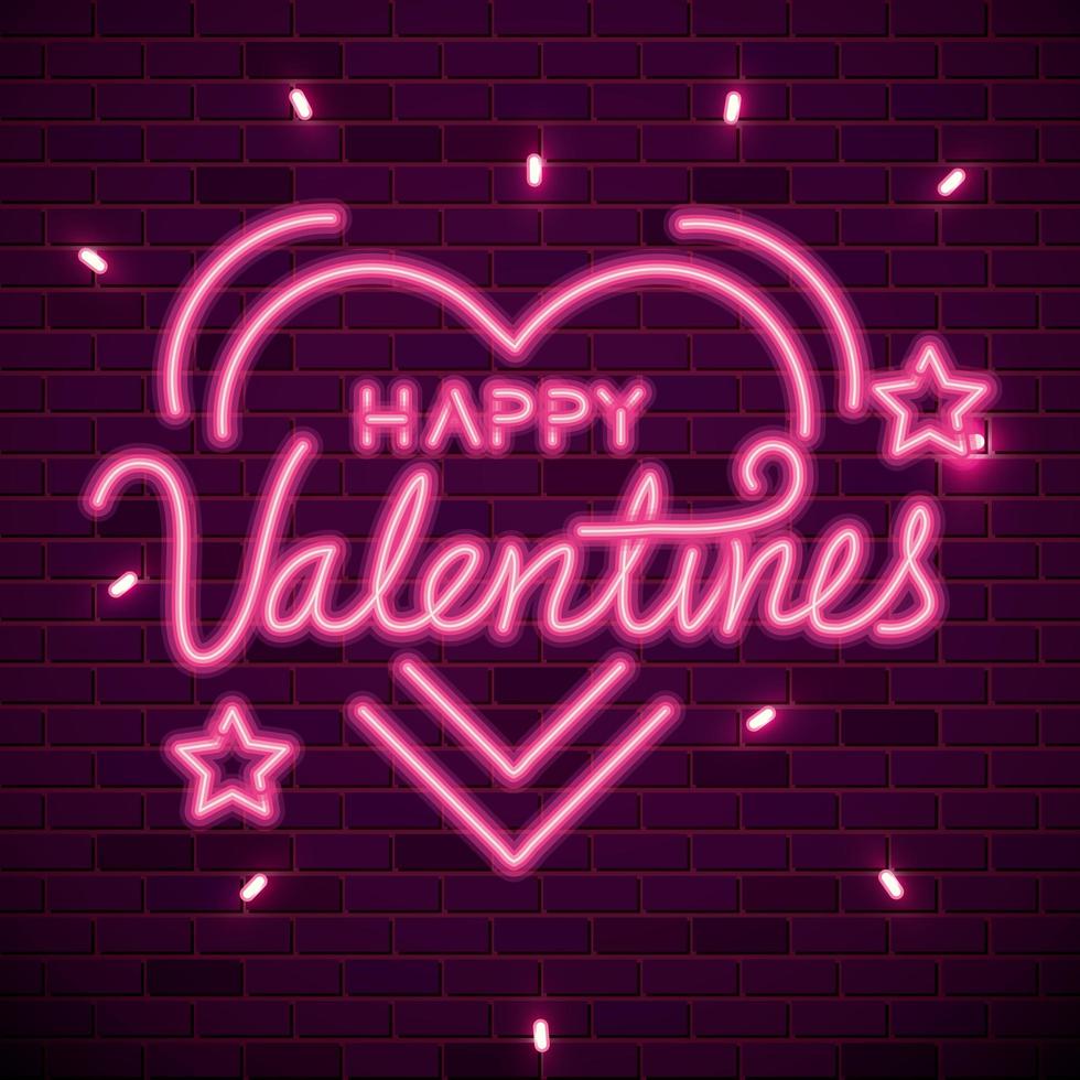happy valentines lettering of neon light vector