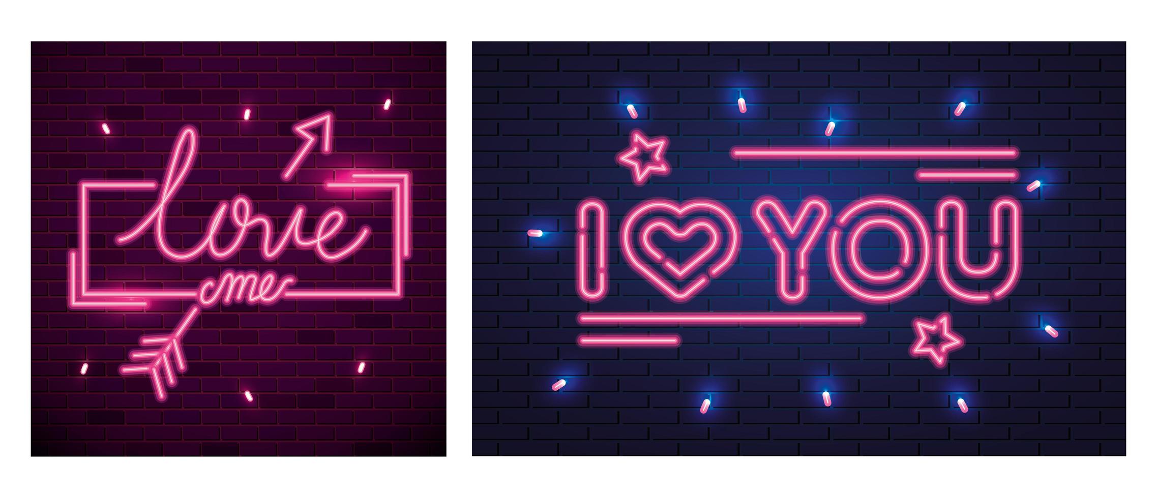 conjunto de letras de luz de neón para el día de san valentín vector