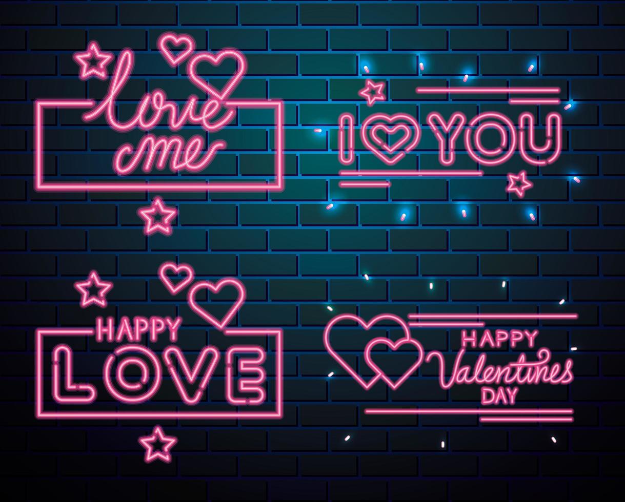 conjunto de letras de luz de neón para el día de san valentín vector