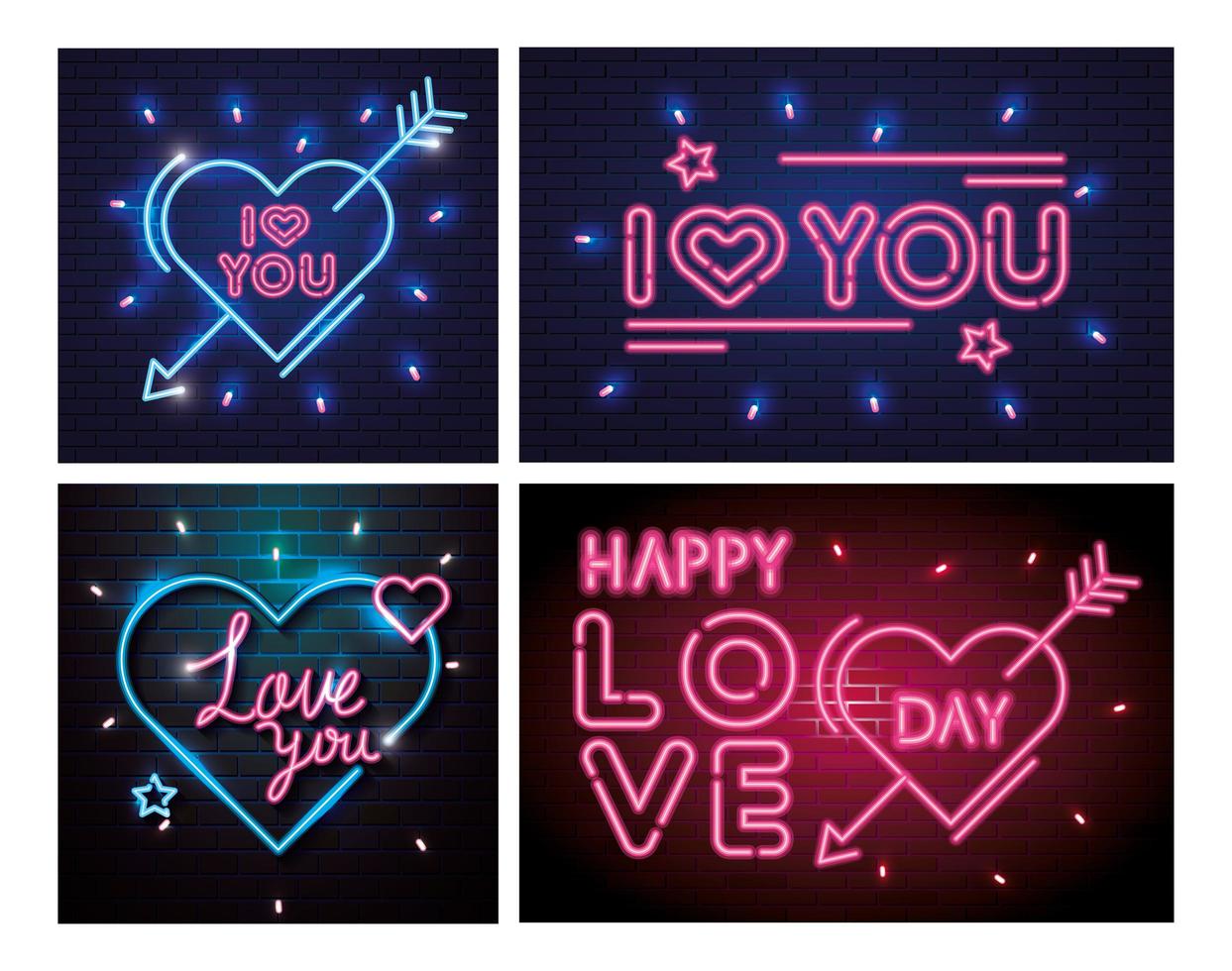 conjunto de letras de luz de neón para el día de san valentín vector