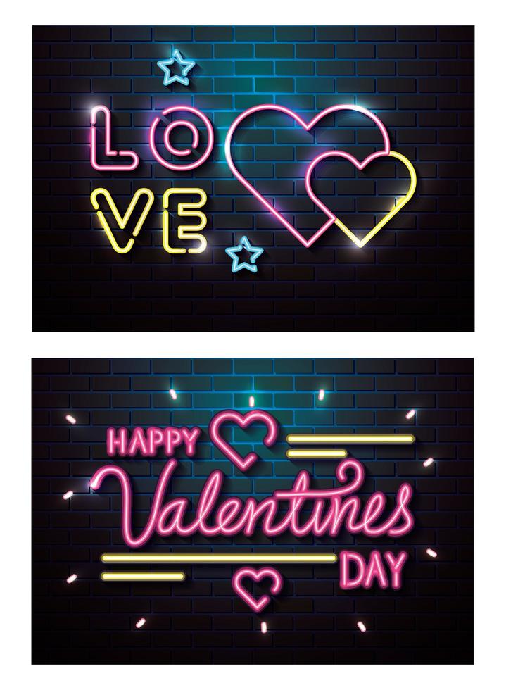 conjunto de letras de luz de neón para el día de san valentín vector