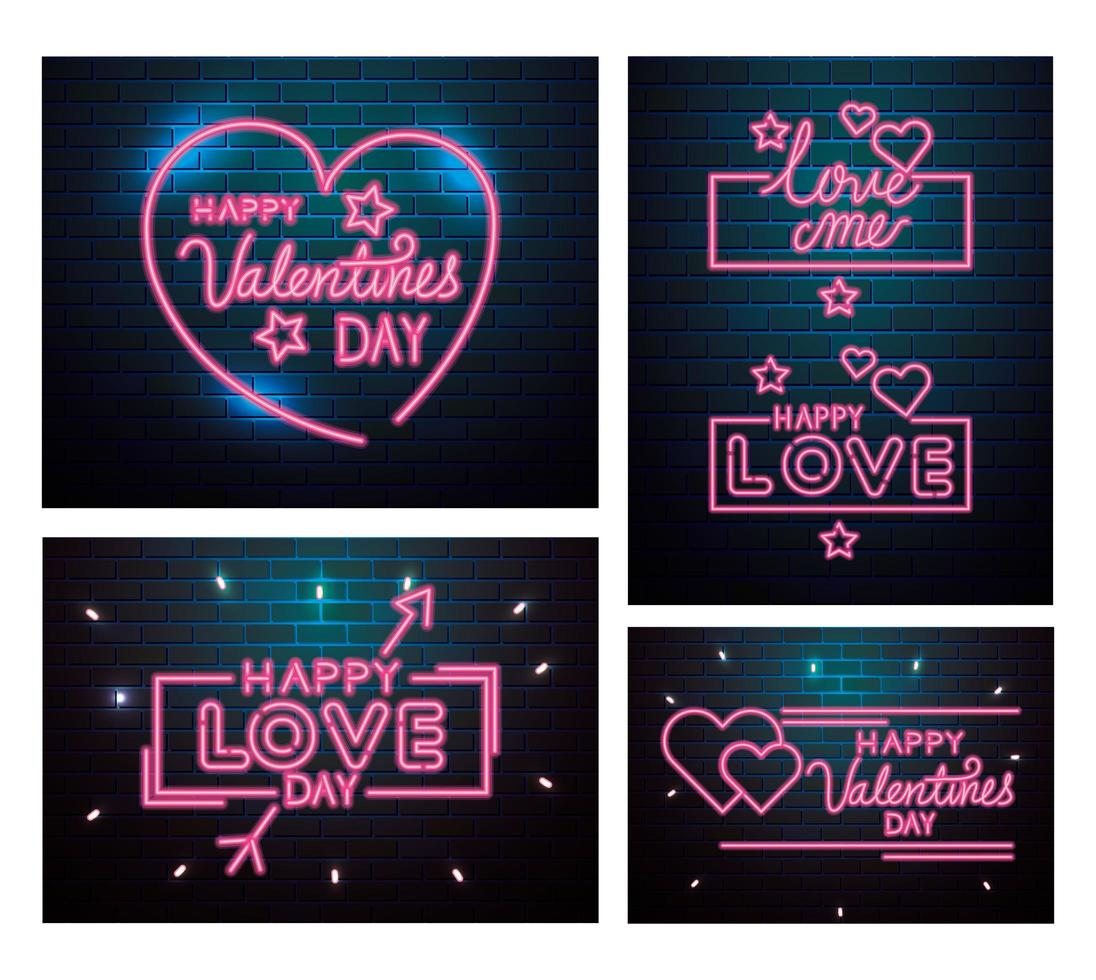 conjunto de letras de luz de neón para el día de san valentín vector