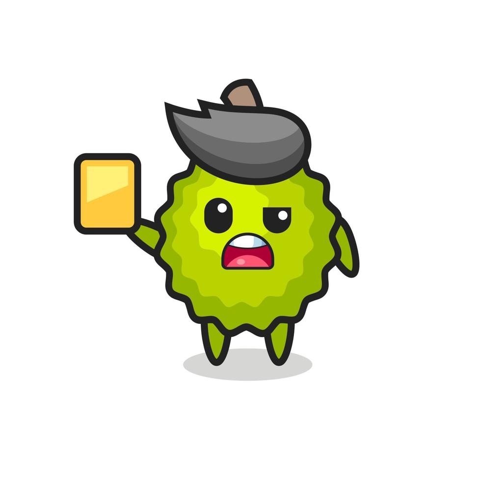 cartoon durian character as a football referee giving a yellow card vector