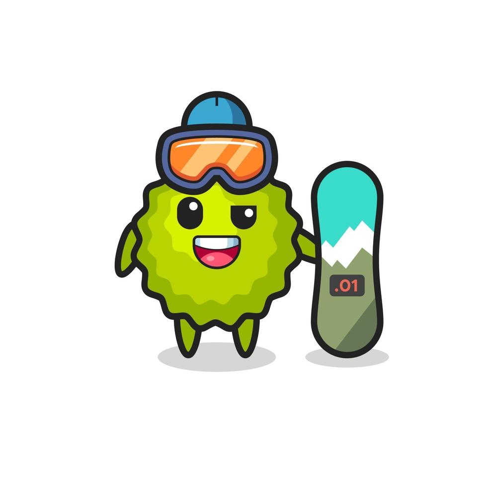 Ilustración del personaje durian con estilo snowboard. vector