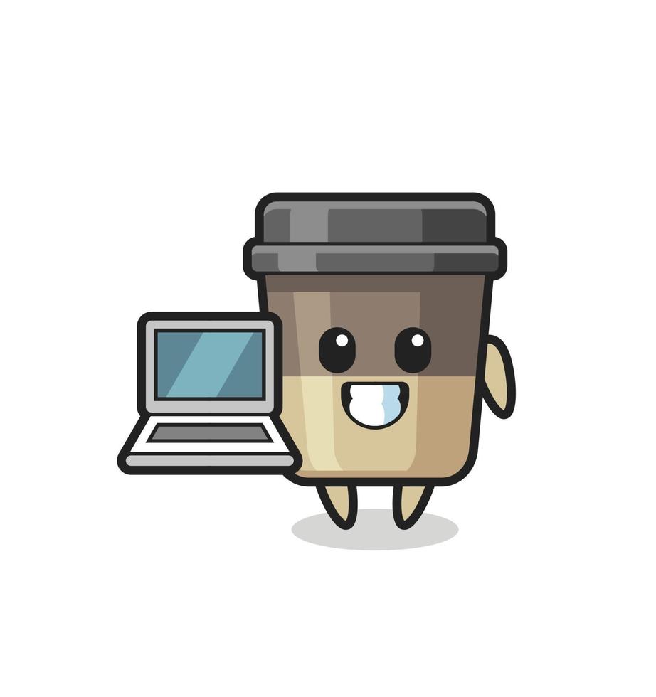 mascota, ilustración, de, taza de café, con, un, computadora portátil vector
