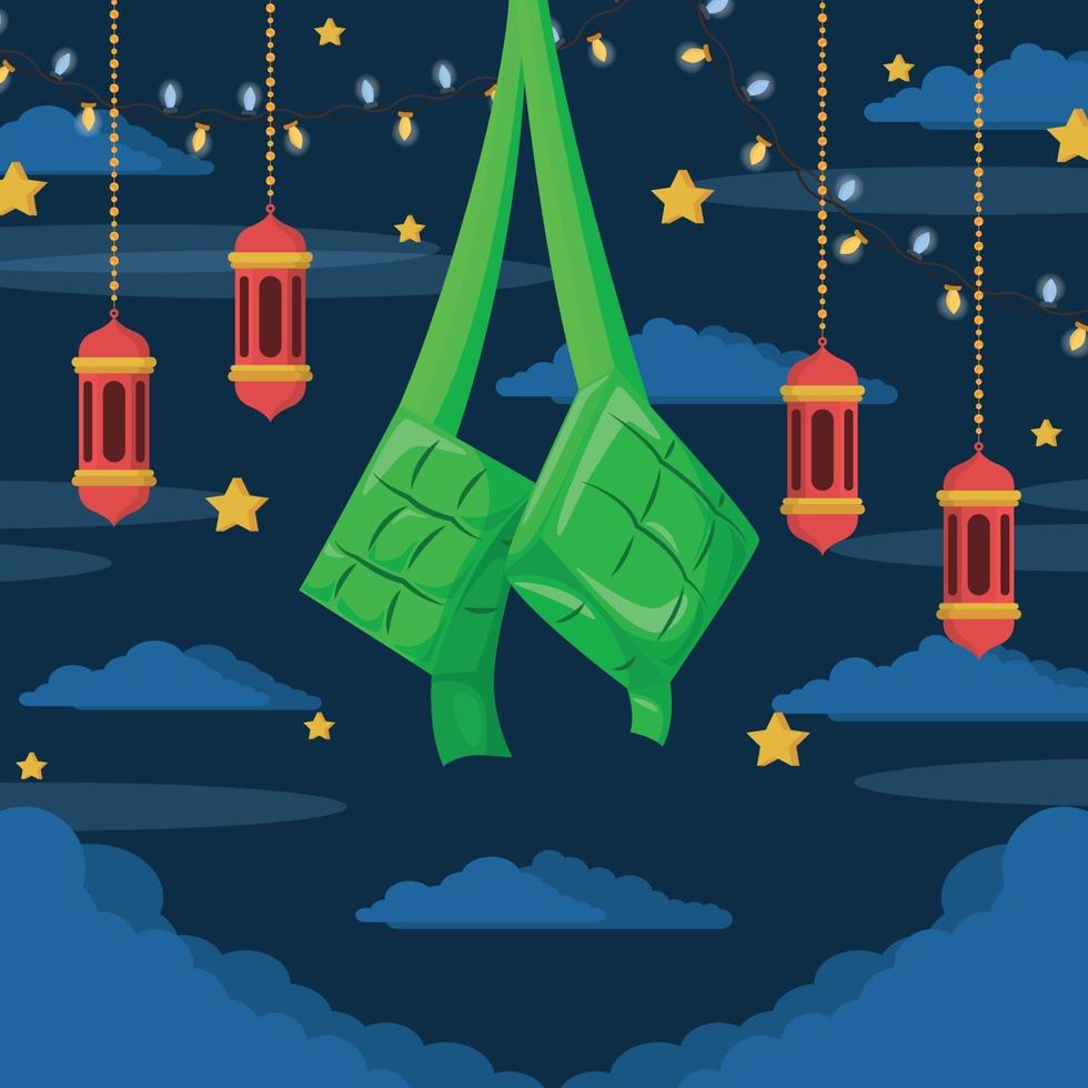 Ketupat y linterna colgando en la noche. vector