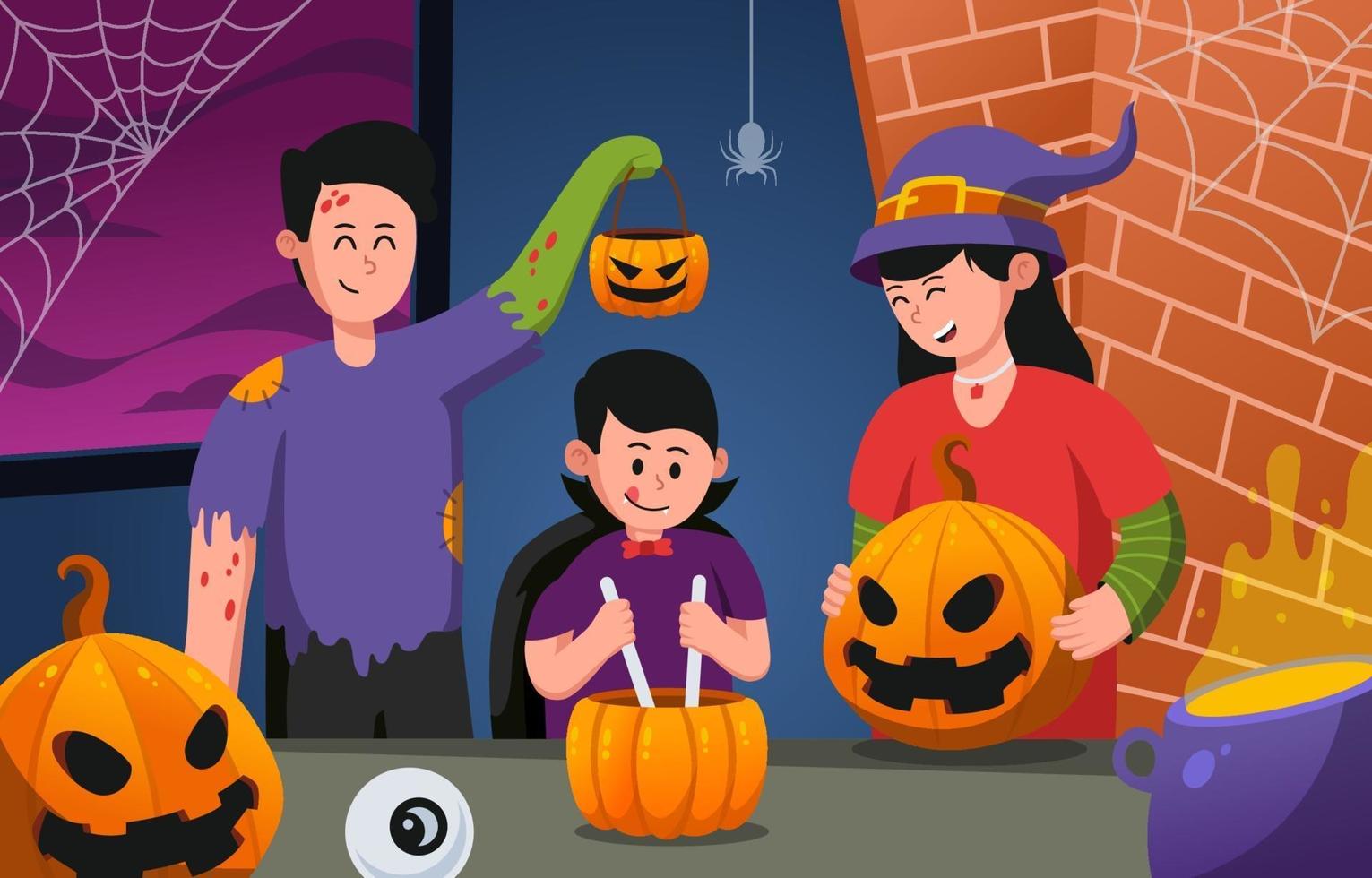 familia feliz preparando fiesta de halloween vector