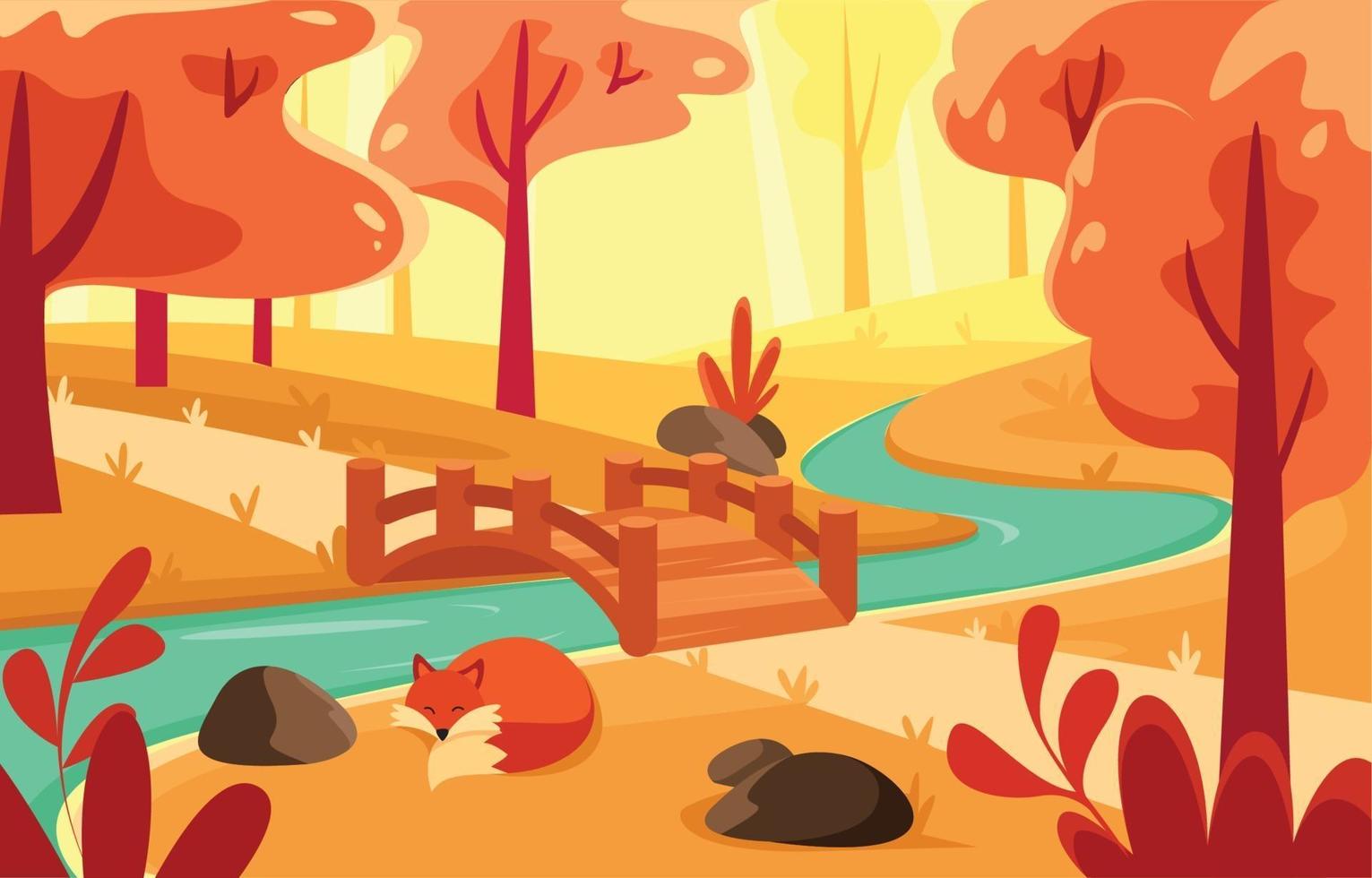 Sleepy Fox in the Middle of Autumn Forest vector