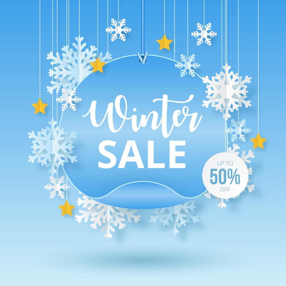 Winter Sale Background. Paper cut Snowfall. Vector illustration