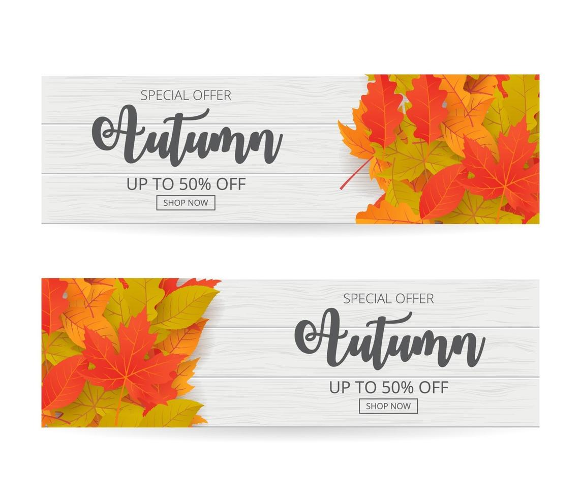 conjunto de banner de venta de otoño con hojas. ilustración vectorial vector