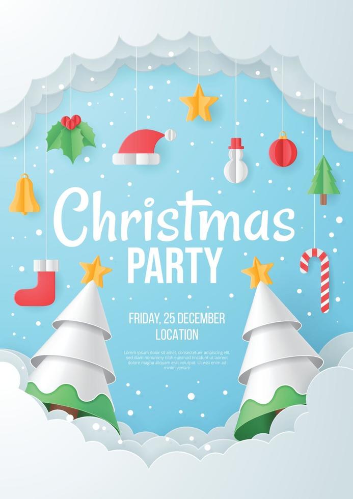 Christmas Party Poster Template. Paper art vector. Vector illustration