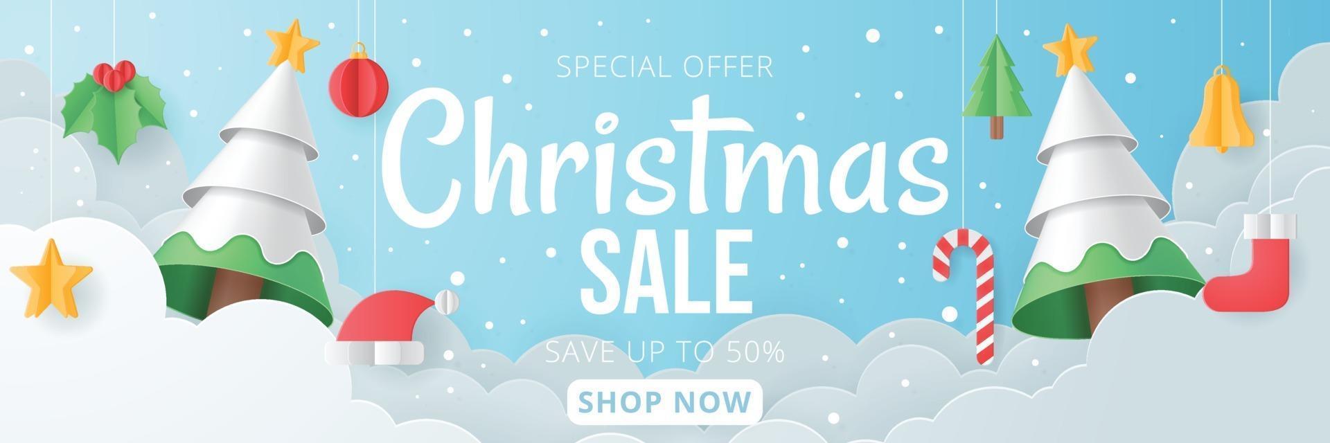 Christmas Sale Banner. Paper art vector. Vector illustration